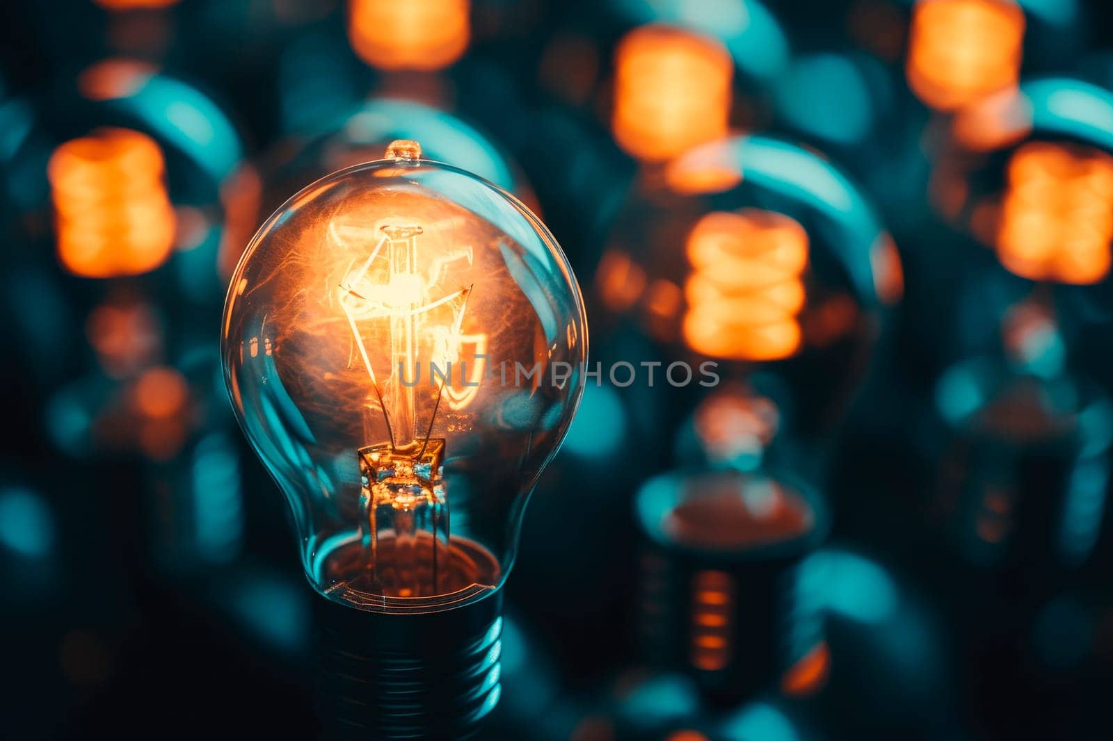 Group of light bulbs glow on dark background. Idea concept with innovation and inspiration. AI generated