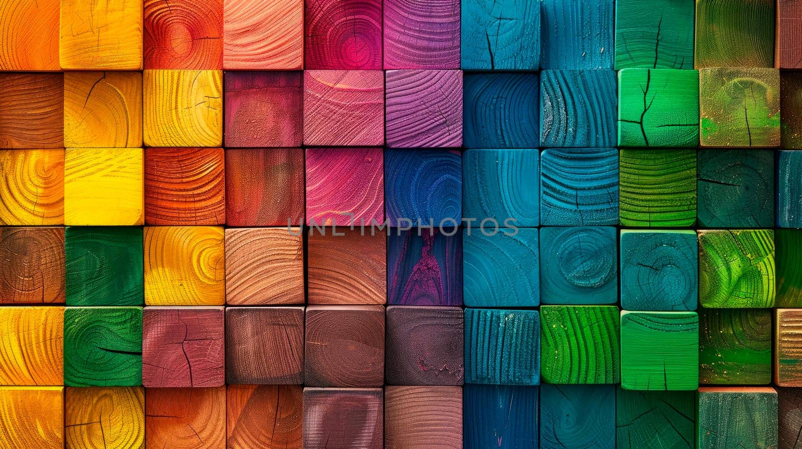 Abstract geometric rainbow colors colored wooden square cubes texture wall background.Spectrum of stacked multi-colored wooden blocks.  AI generated