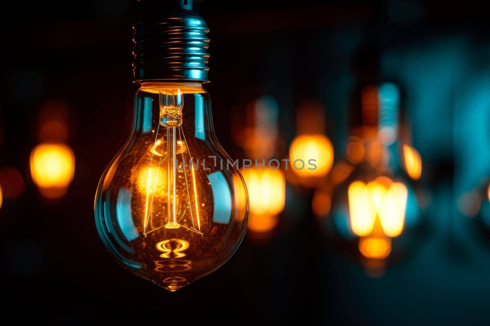 Group of light bulbs glow on black background. Idea concept with innovation and inspiration. AI generated