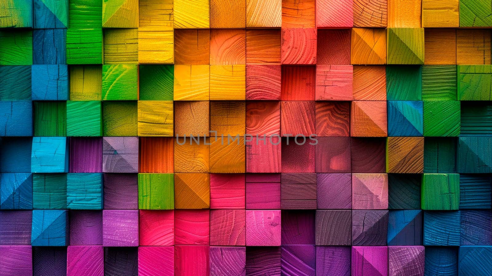 Abstract geometric rainbow colors colored wooden square cubes texture wall background.Spectrum of stacked multi-colored wooden blocks.  AI generated