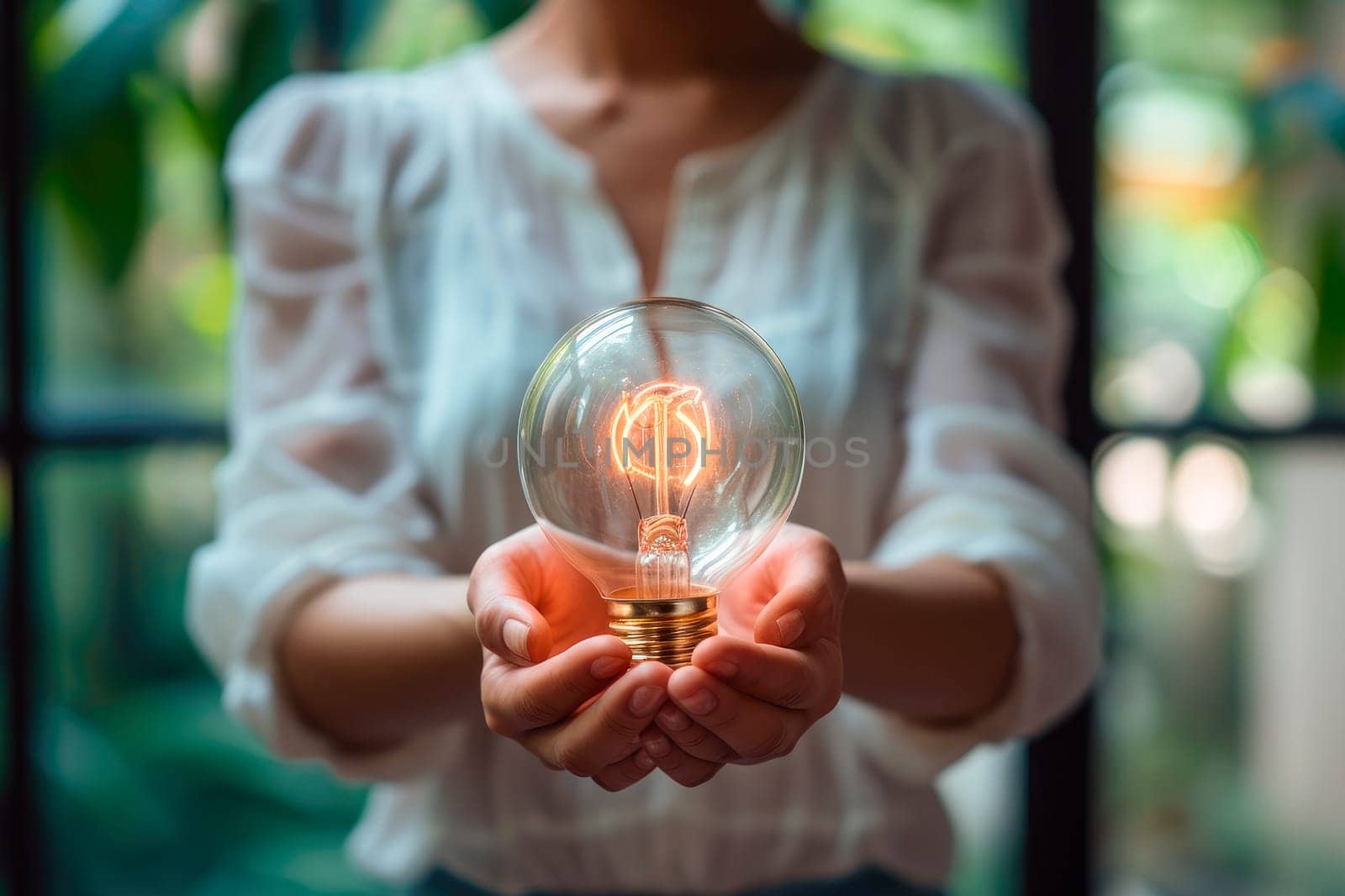 Ideas creativity concept, woman holding light bulb. AI generated