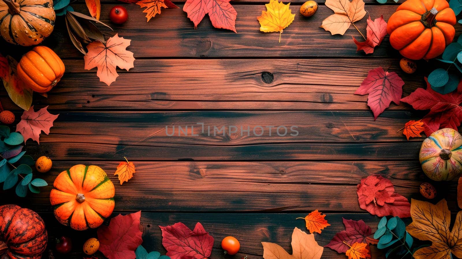 Brown wooden background with vibrant autumn harvest accents. Copy space, flat lay, top view. AI generated