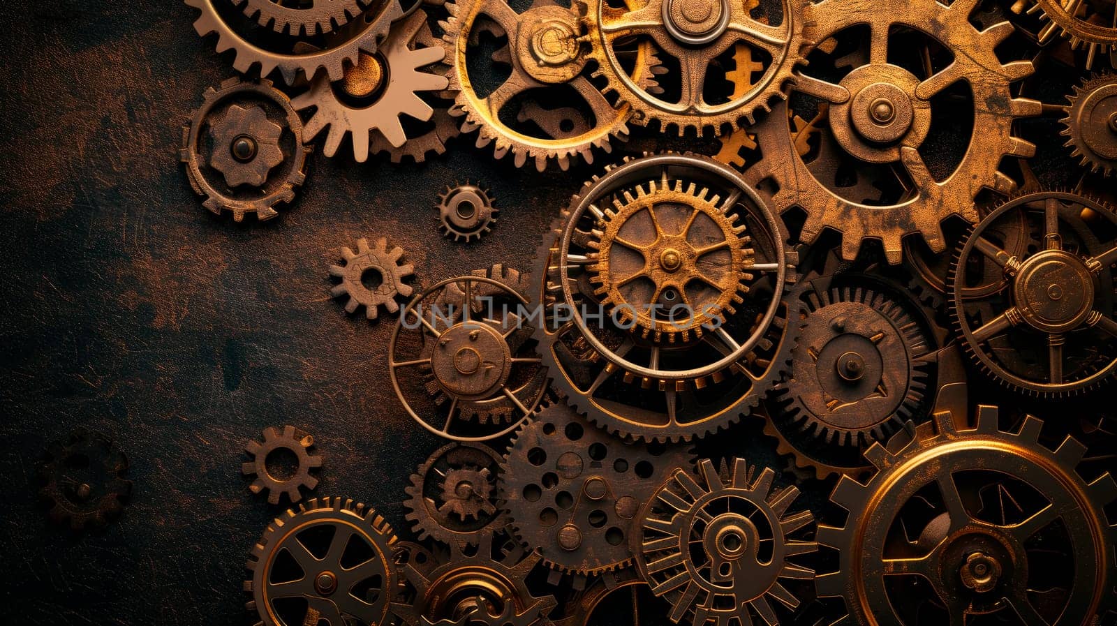 Close up view of various gears and cogwheels. Vintage gears macro view. Aged mechanical wheels background. AI generated