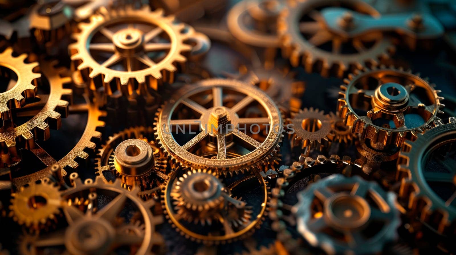 Close up view of various gears and cogwheels. Vintage gears macro view. Aged mechanical wheels background. AI generated