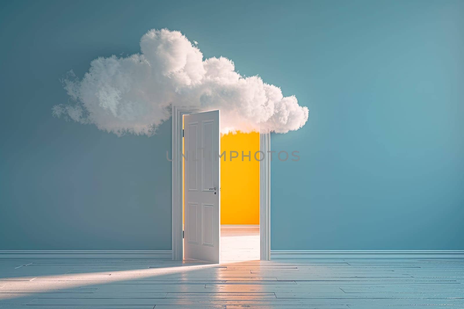 White cumulus clouds flying out the open door inside the empty blue  painted room. AI generated