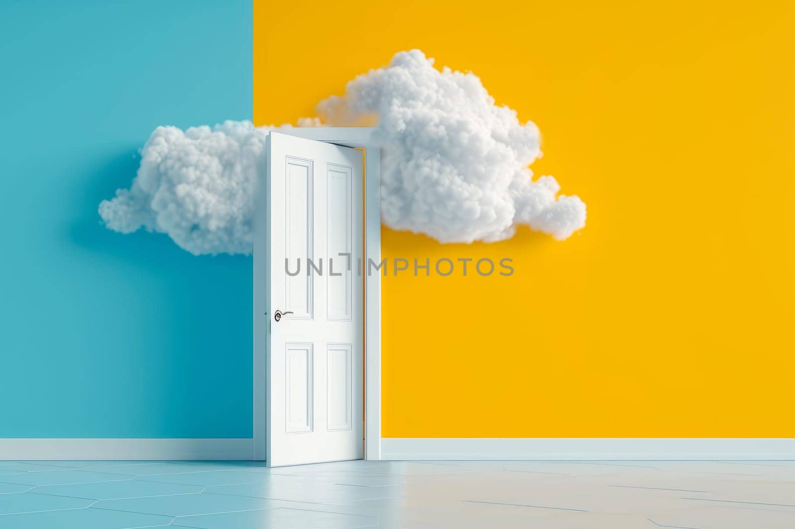 White cumulus clouds flying out the open door inside the empty blue and yellow painted room. AI generated