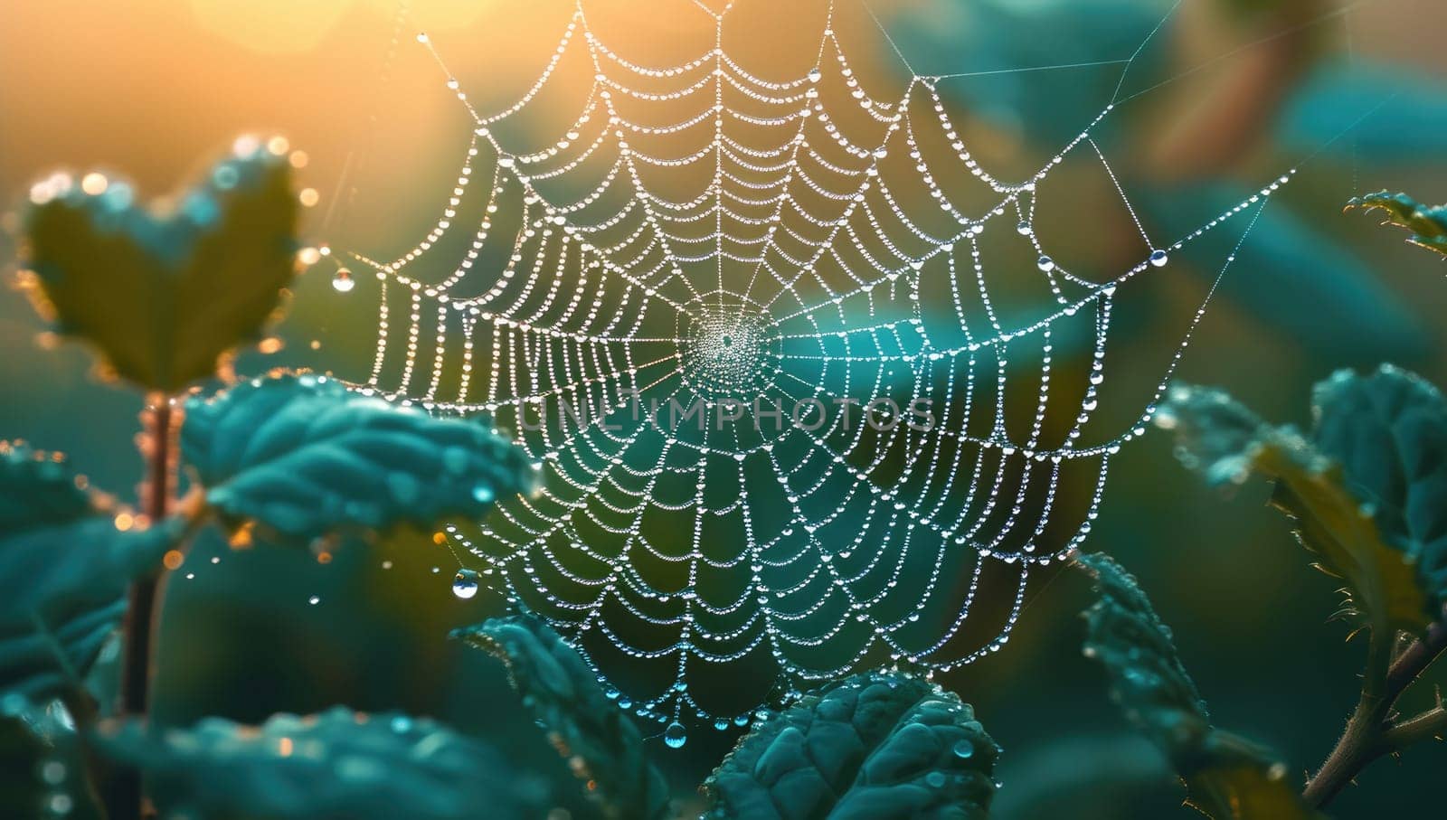 Spider web with dew drops in the morning. Nature background.