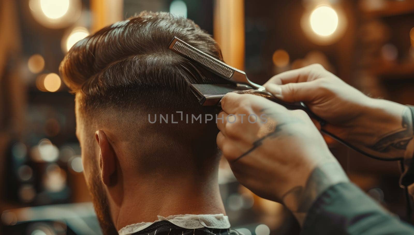 Hairdresser cutting hair of young man in barbershop