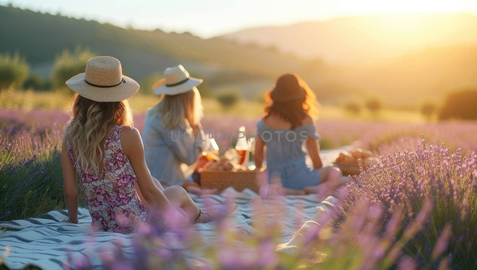 Women enjoying picnic in lavender field at sunset