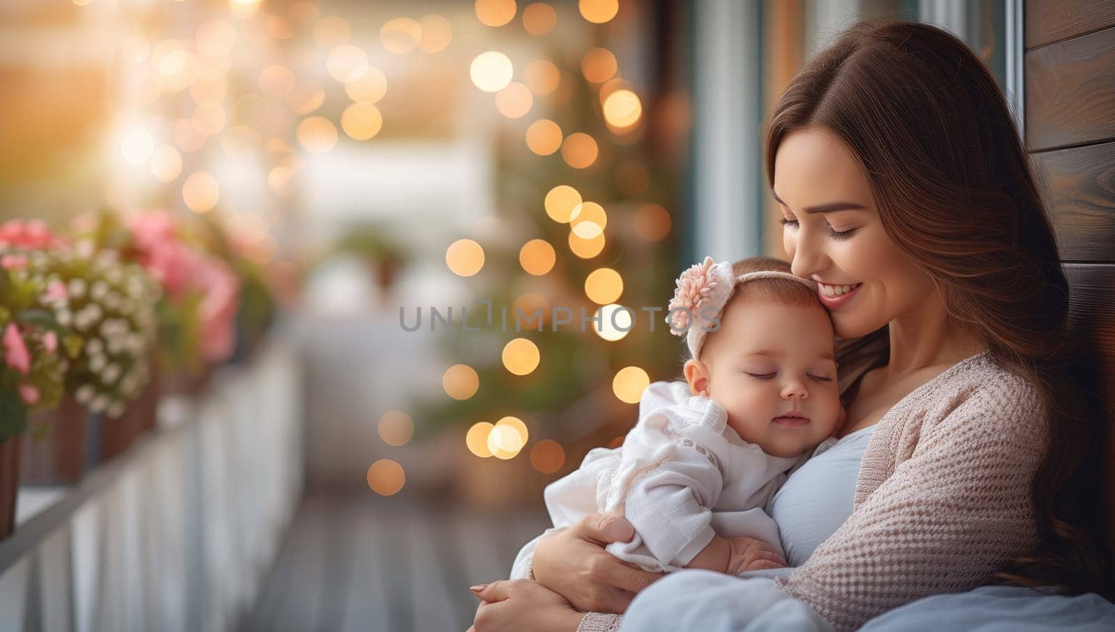 Beautiful young mother and her adorable little daughter are hugging and smiling while sitting on the windowsill at home