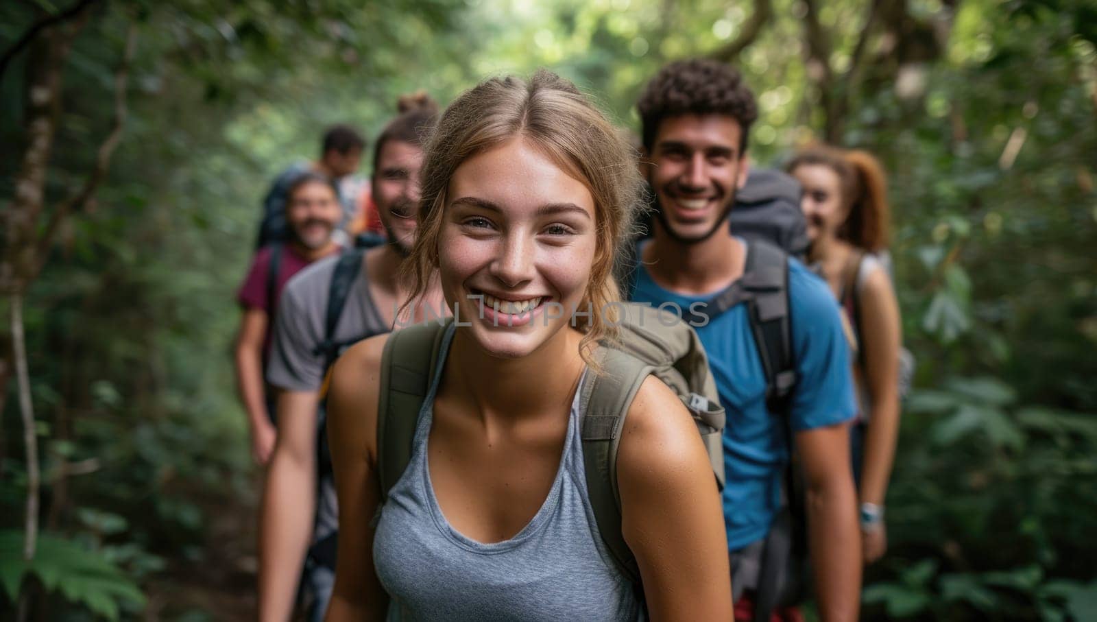 Group of friends hiking in forest - Group of young people having fun outdoors