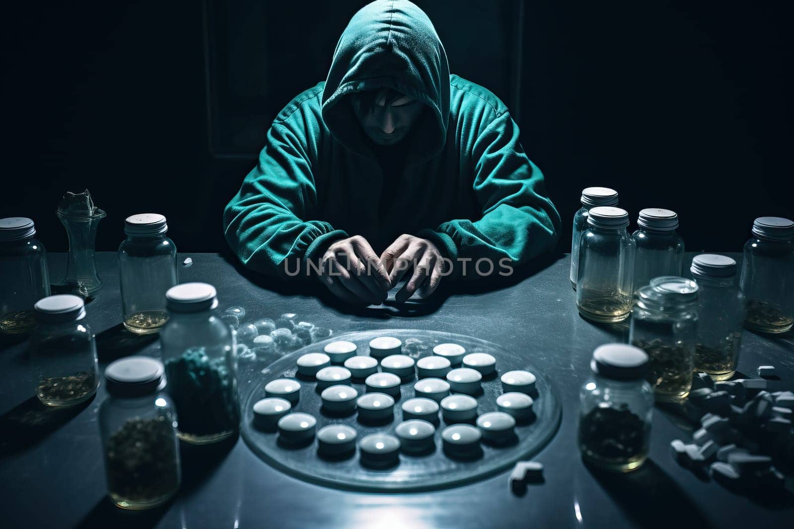 Drug addict in the dark with pills in his hand