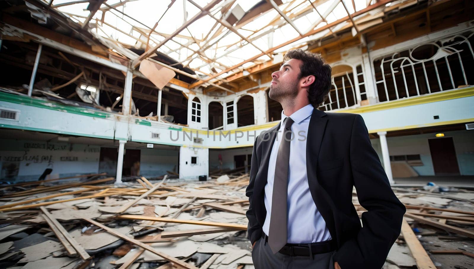 Young businessman stands arms crossed in ruined building