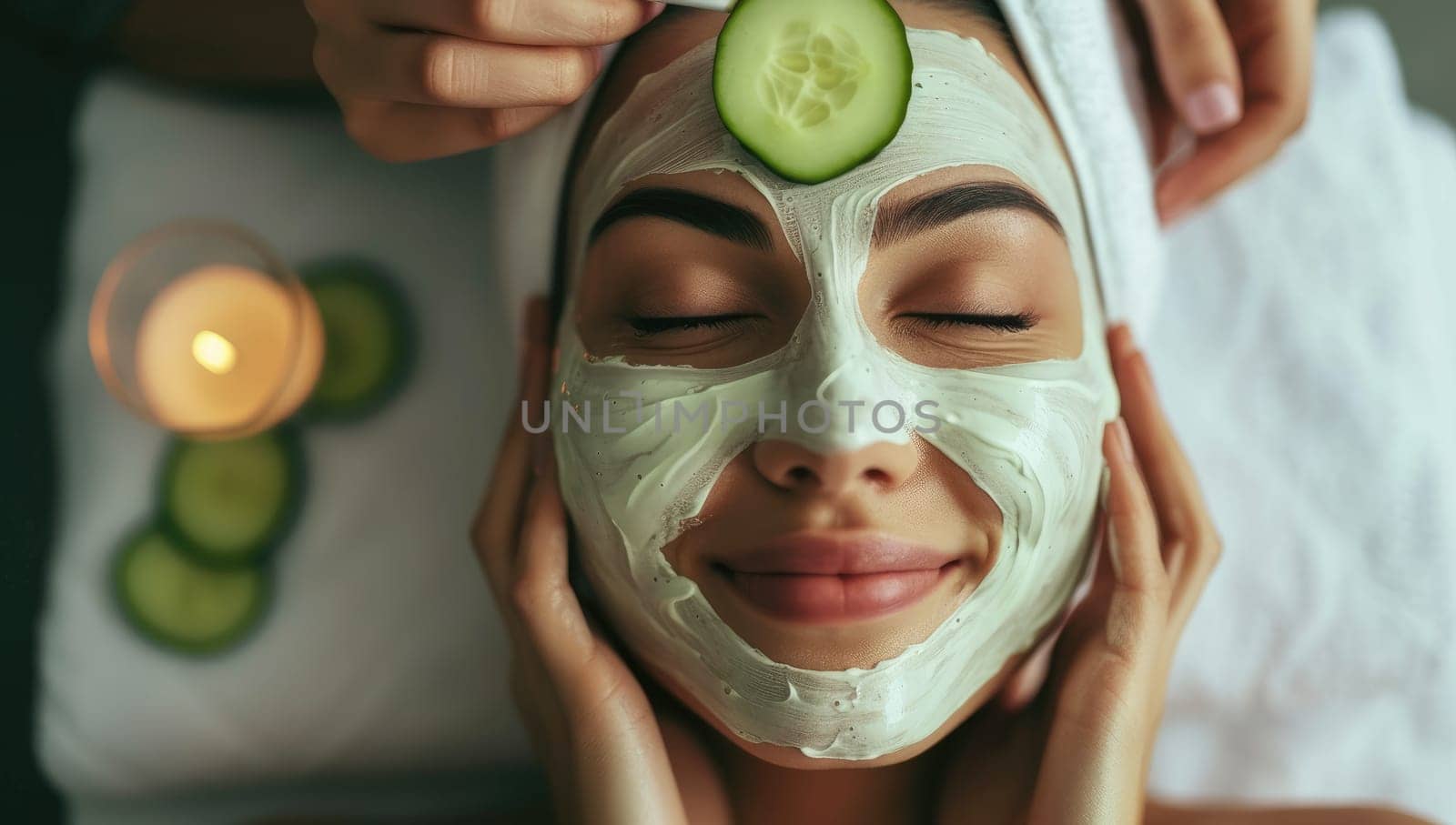 Beautiful young woman with cucumber facial mask at spa salon.