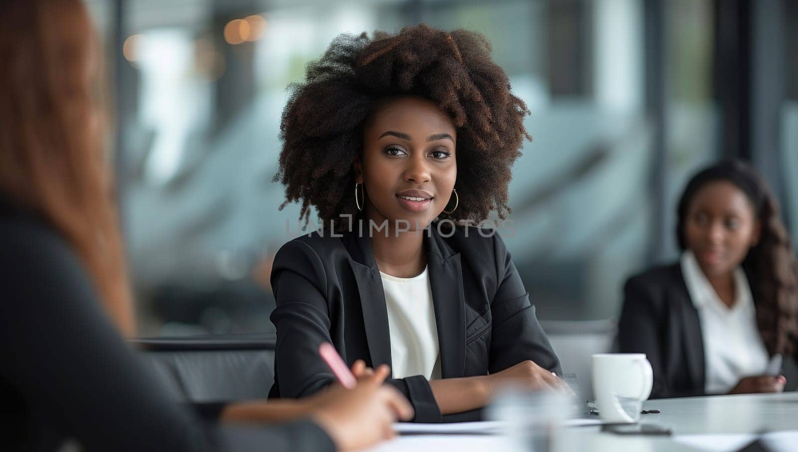 African American businesswoman leading office meeting