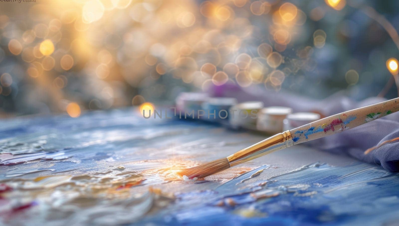 Gouache Paintbrush on Palette Amidst Christmas Lights