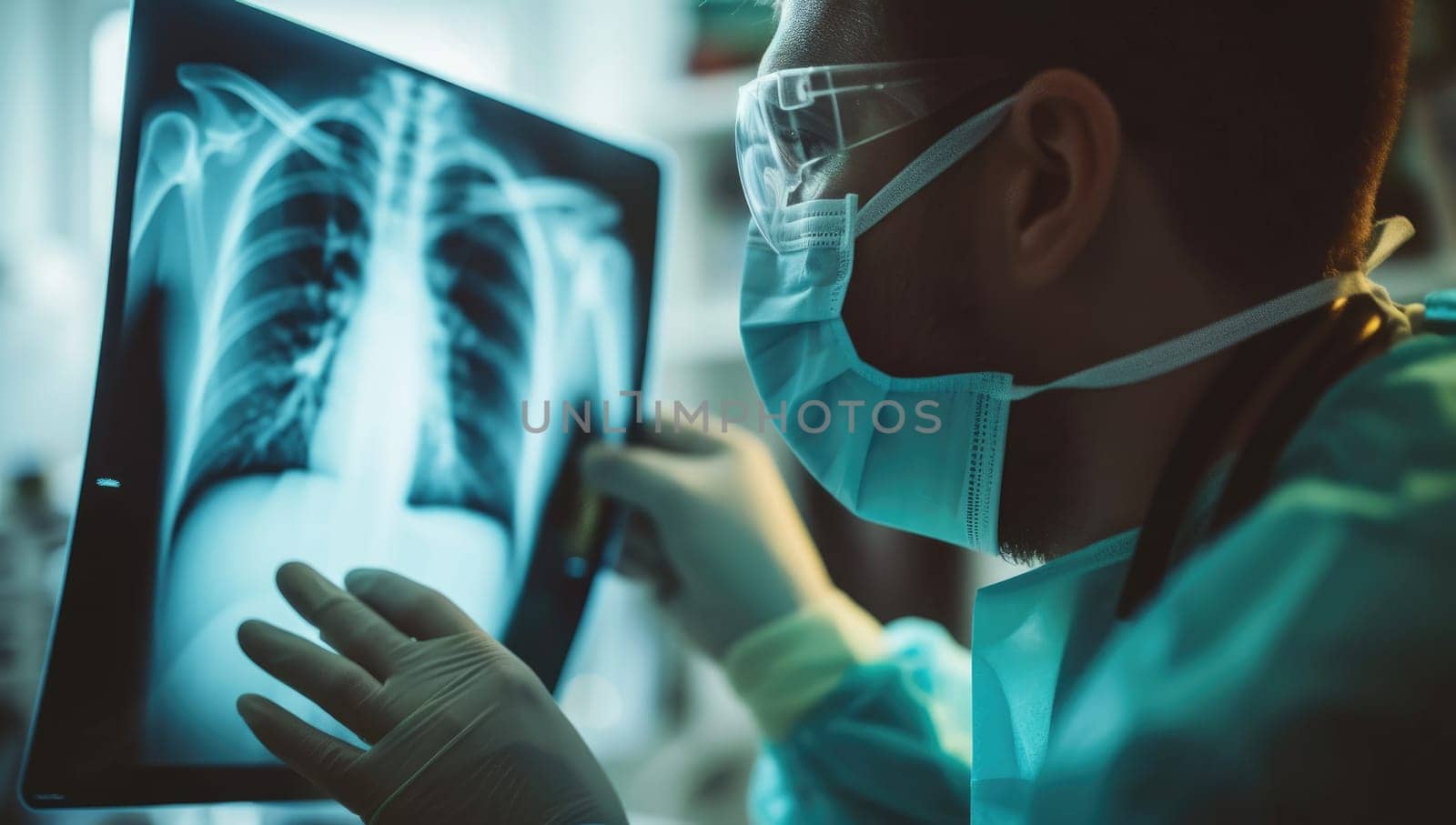 Surgeon looking at x-ray image of lungs in hospital.