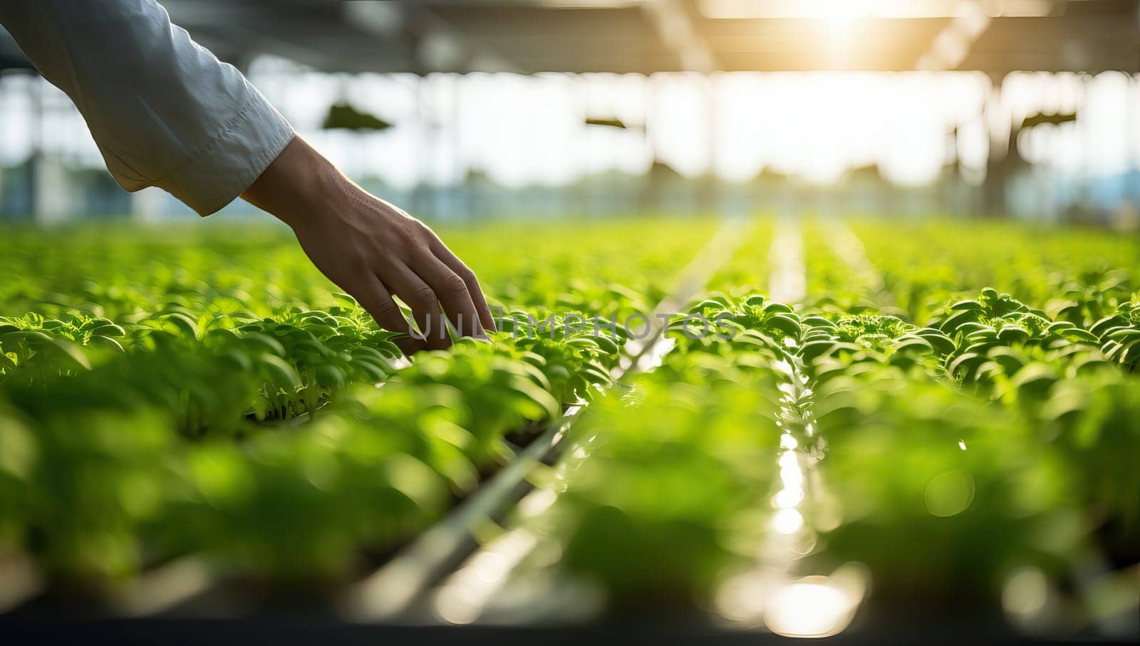 Close-up of a young woman's hand touching the seedlings of lettuce in a greenhouse