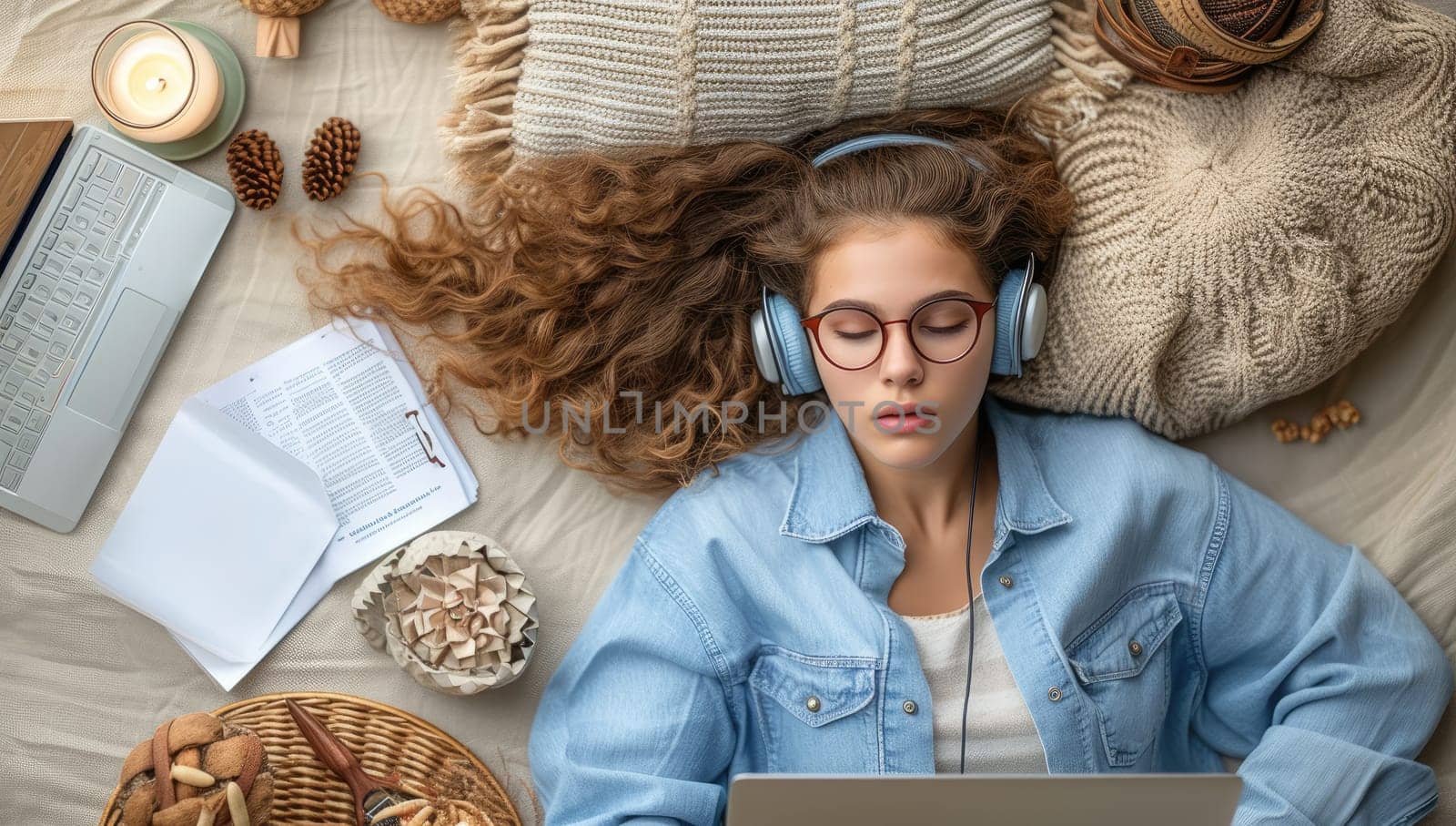 Woman enjoying music on laptop in cozy autumn setting