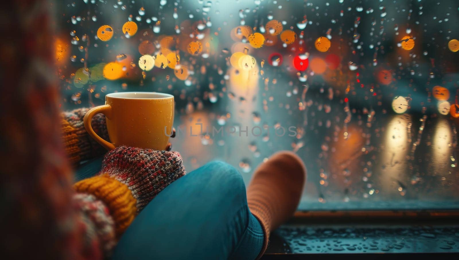 Woman sitting on a window sill with a cup of hot drink at rainy day