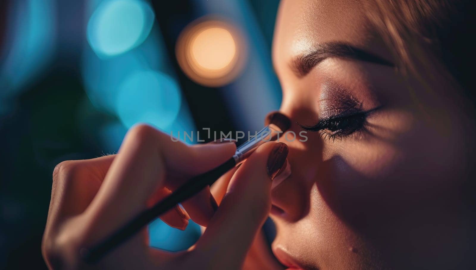 Makeup artist applying eyeshadow on model face in beauty salon