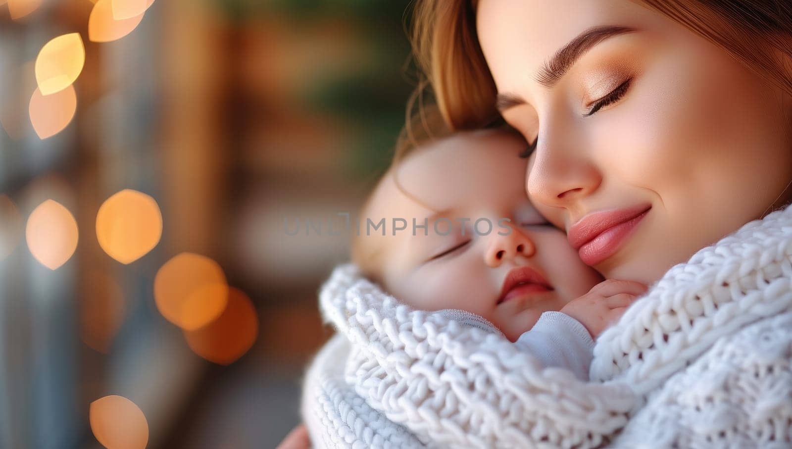 Young mother with her newborn baby in a warm knitted scarf