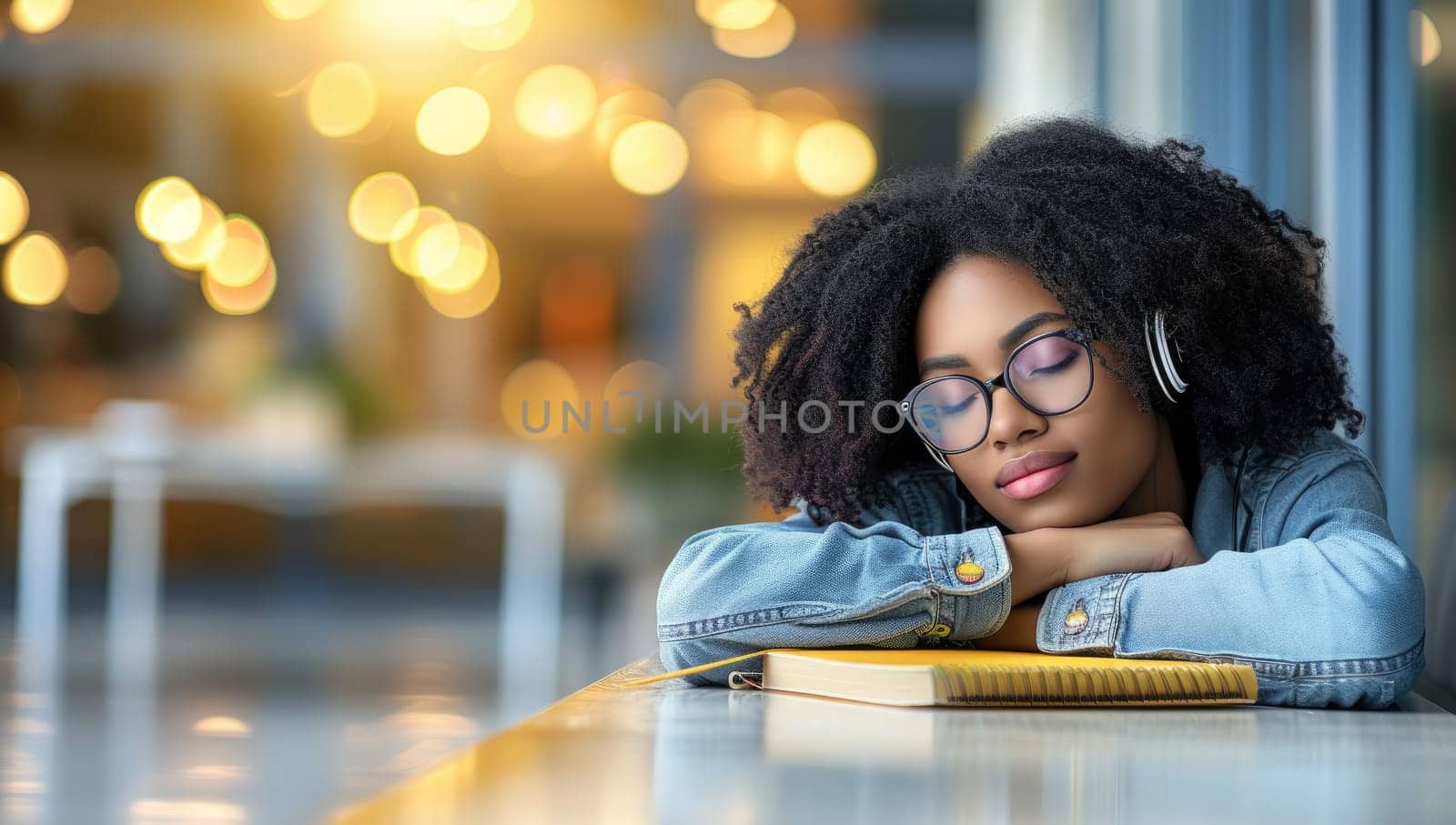 Tired Woman Resting on Book at Cafe with Headphones