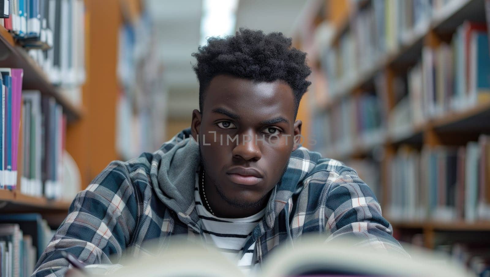 Serious african american male student looking at camera in library