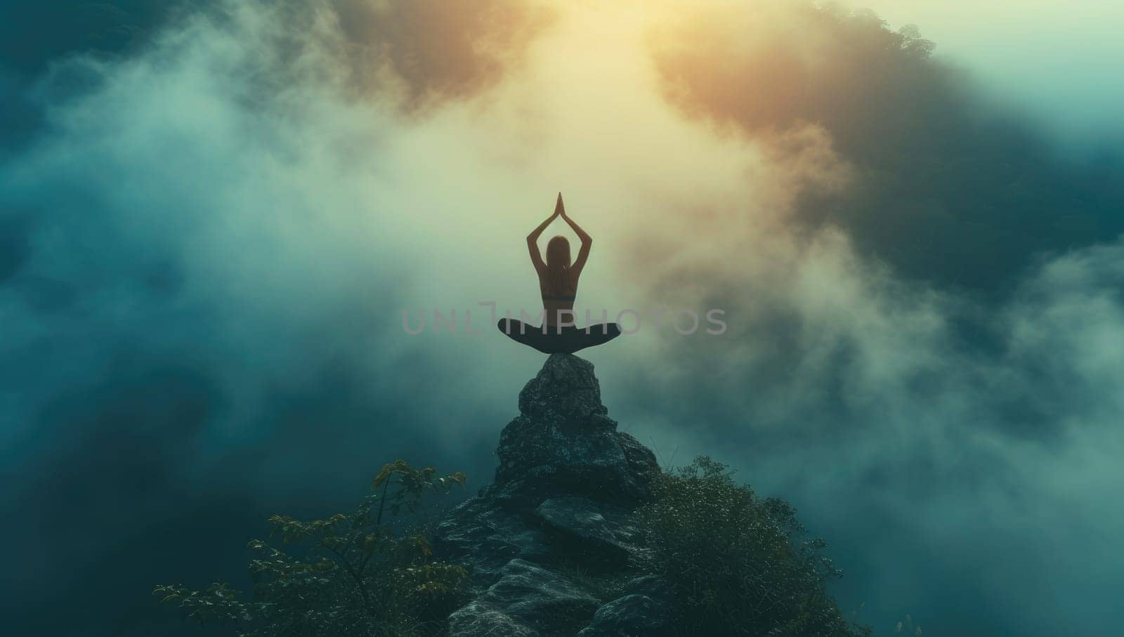 Woman practicing yoga on mountain peak amidst clouds