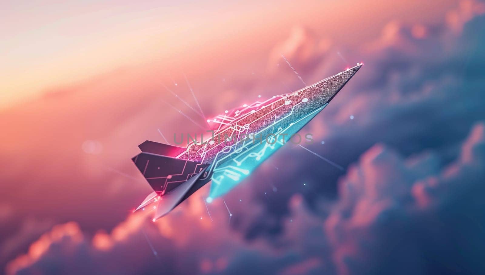 Futuristic paper plane flying above clouds with digital trails