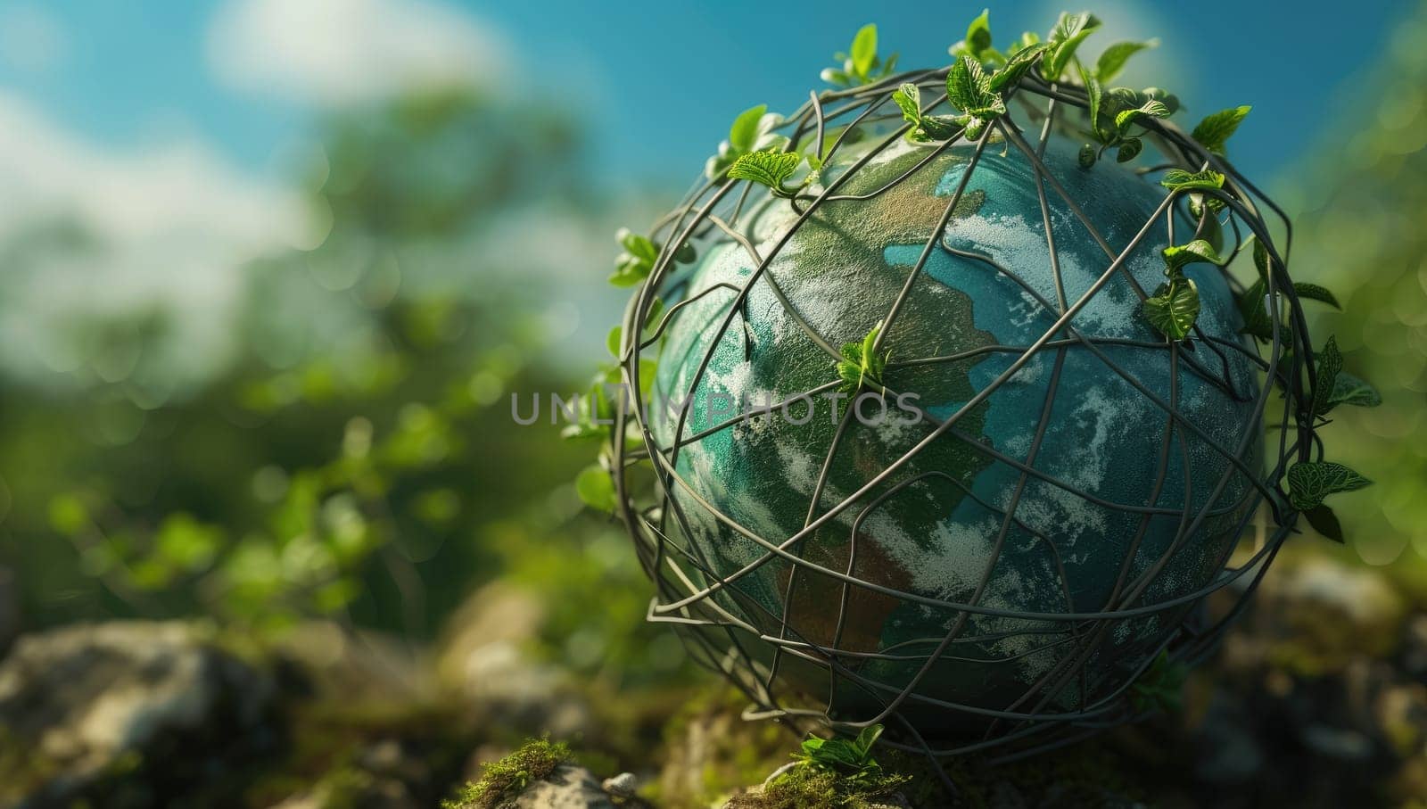 Globe with green leaves on nature background. Earth day concept.
