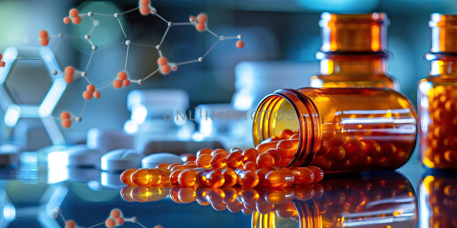 Medicine capsules spilled from a bottle on glass table with molecular structure in background