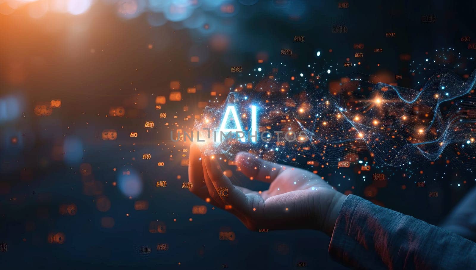 Businessman holding AI hologram