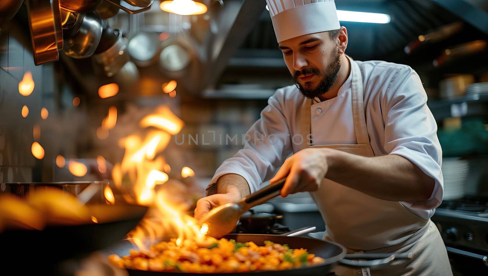 Chef preparing food in the kitchen of a restaurant or hotel.