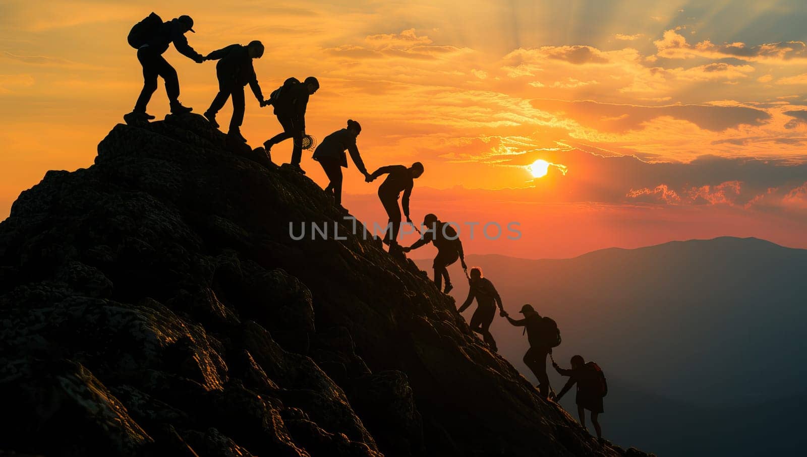 Silhouette of a group of climbers climbing on the top of a mountain