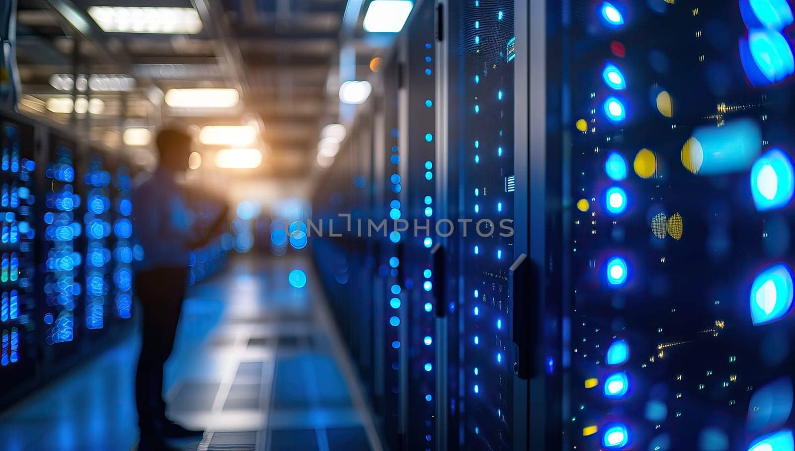 Server room data center hallway with rows of server racks with bright blue lights