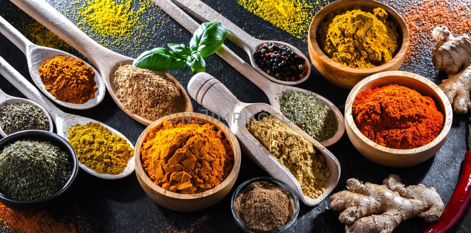 Composition with assortment of spices and herbs.