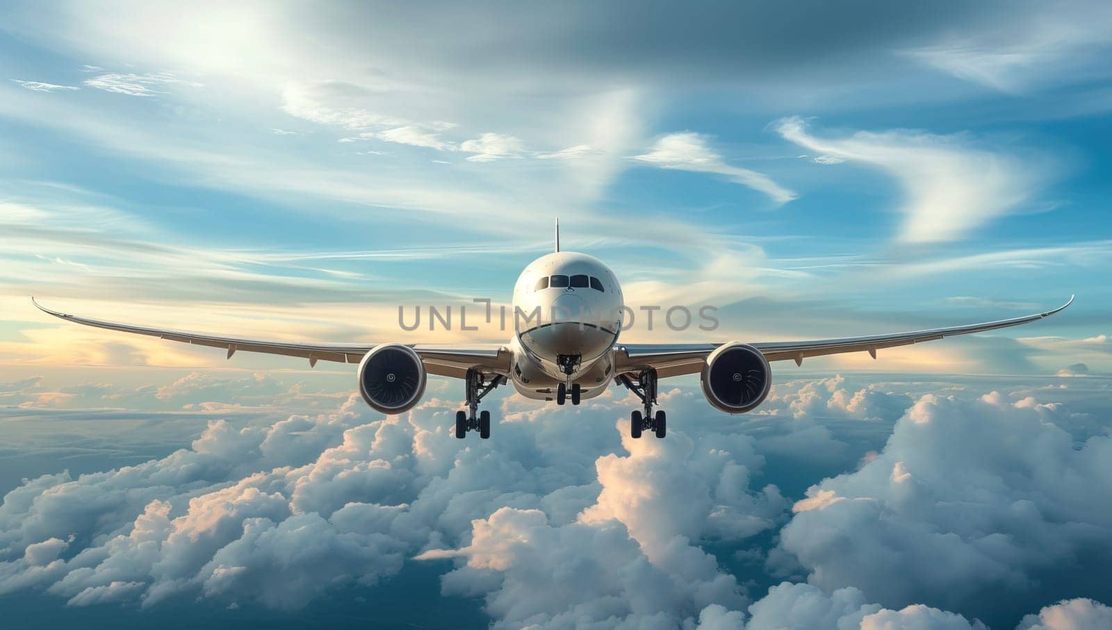 Commercial airplane soaring above fluffy white clouds at sunset