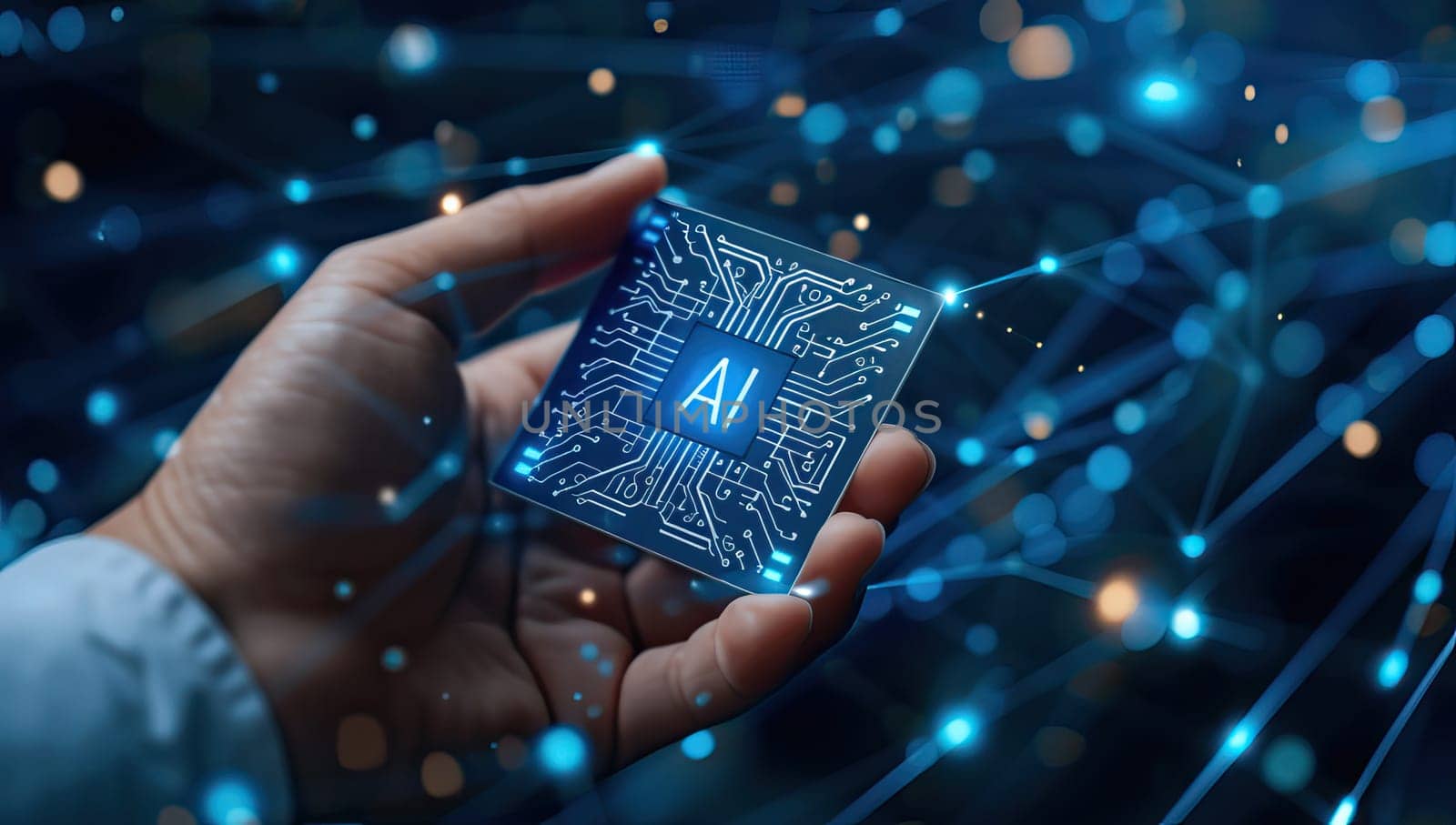 Men holding illuminated AI chip connected to digital network