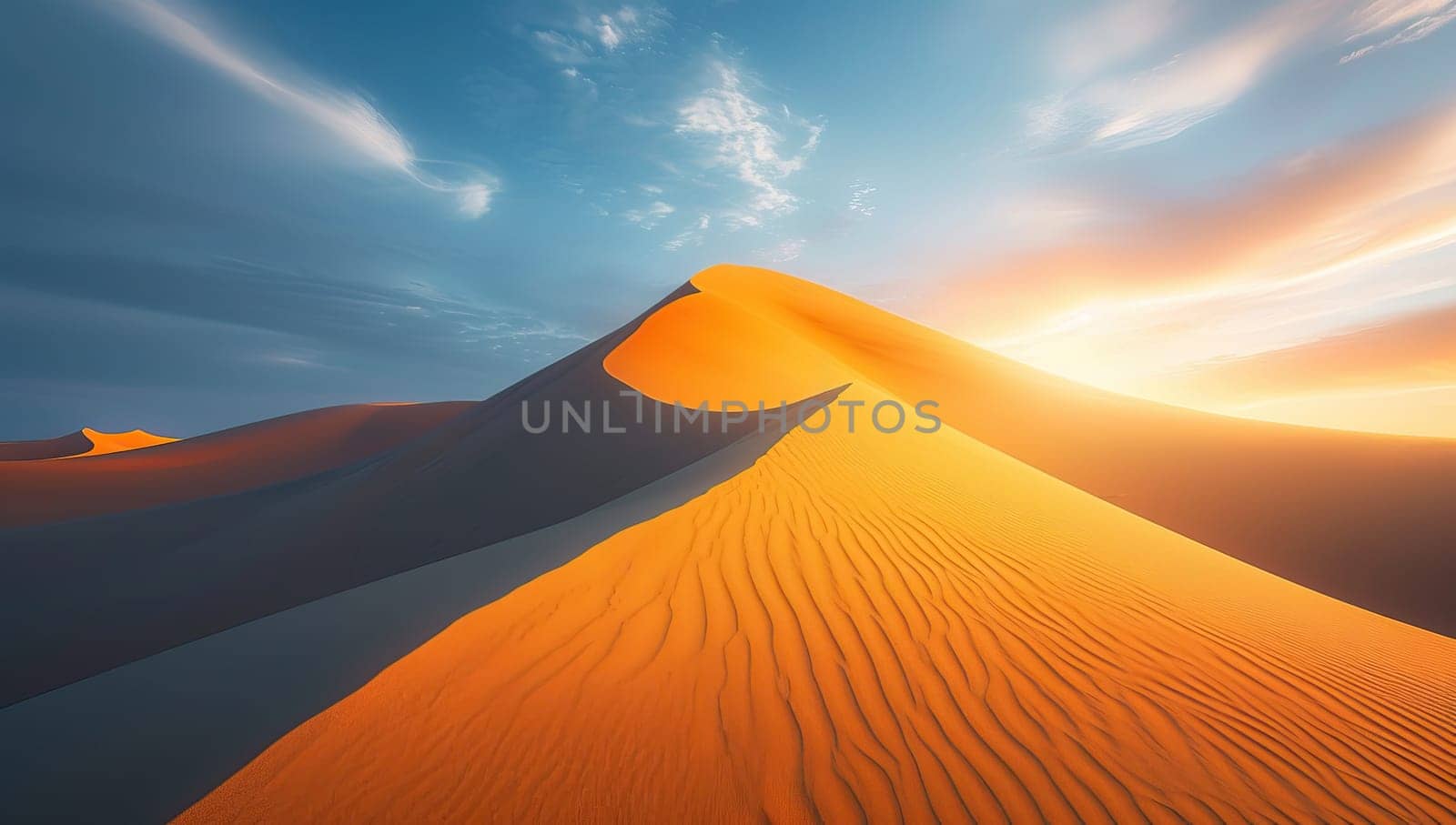 Golden sunset over desert sand dunes