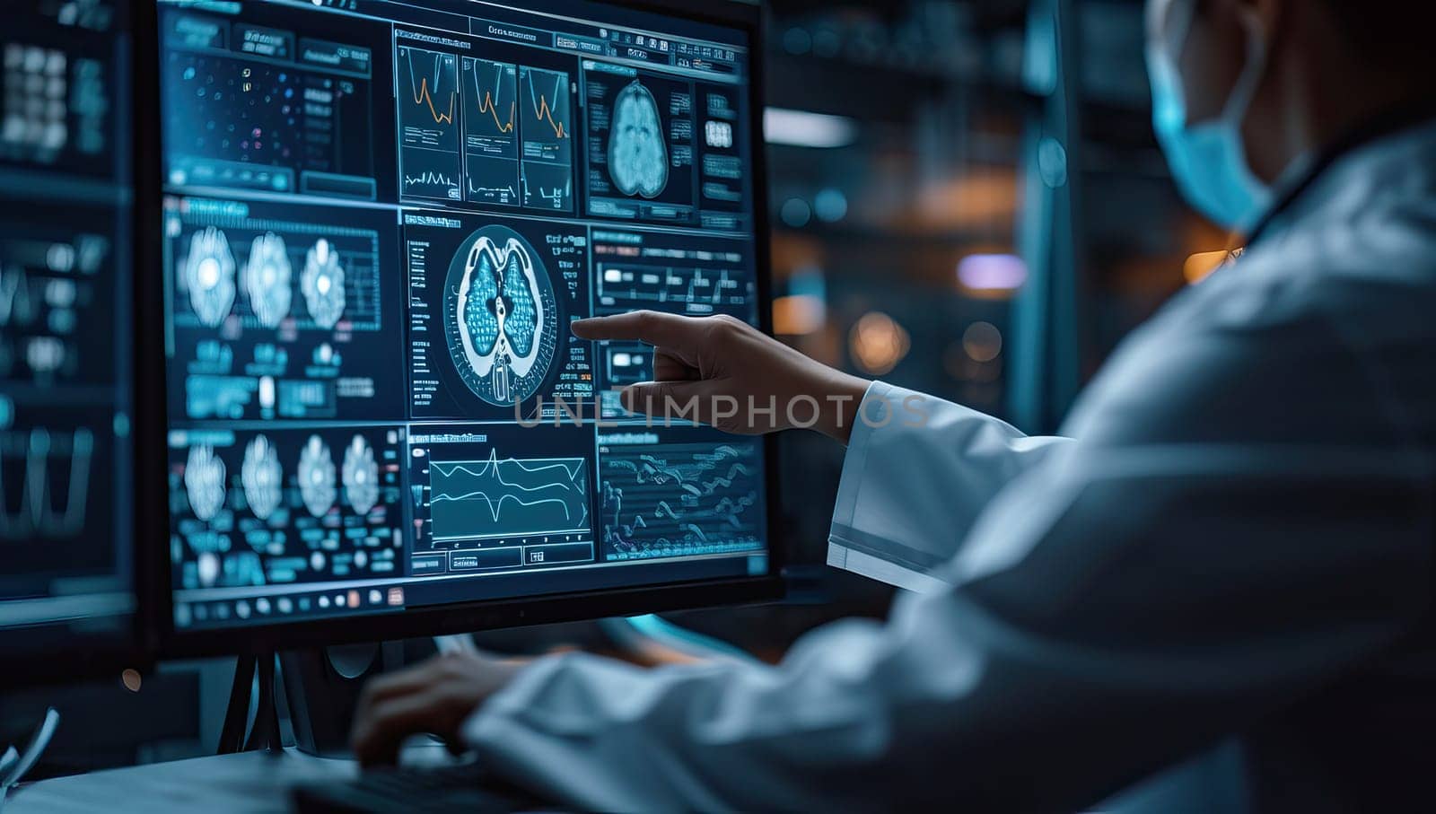 Scientist analyzing brain scans on computer