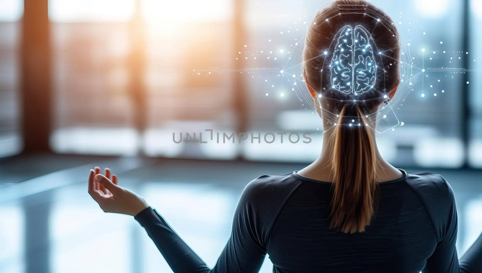 Woman meditating with digital brain interface