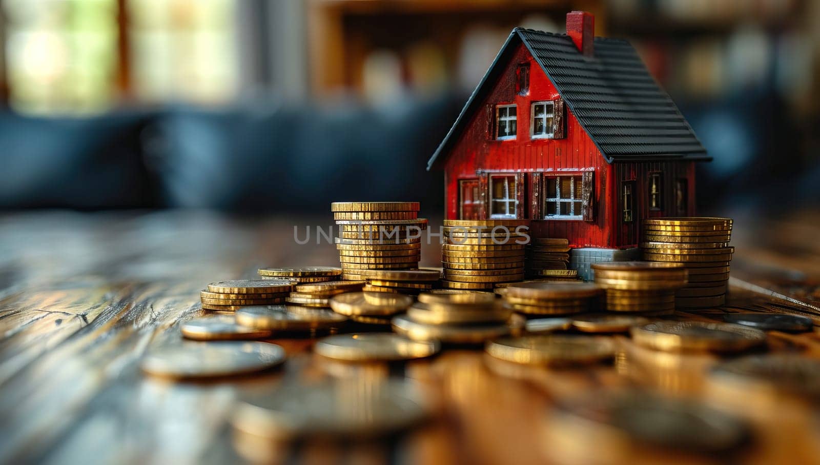 House model and coins on wooden table. Real estate and investment concept.