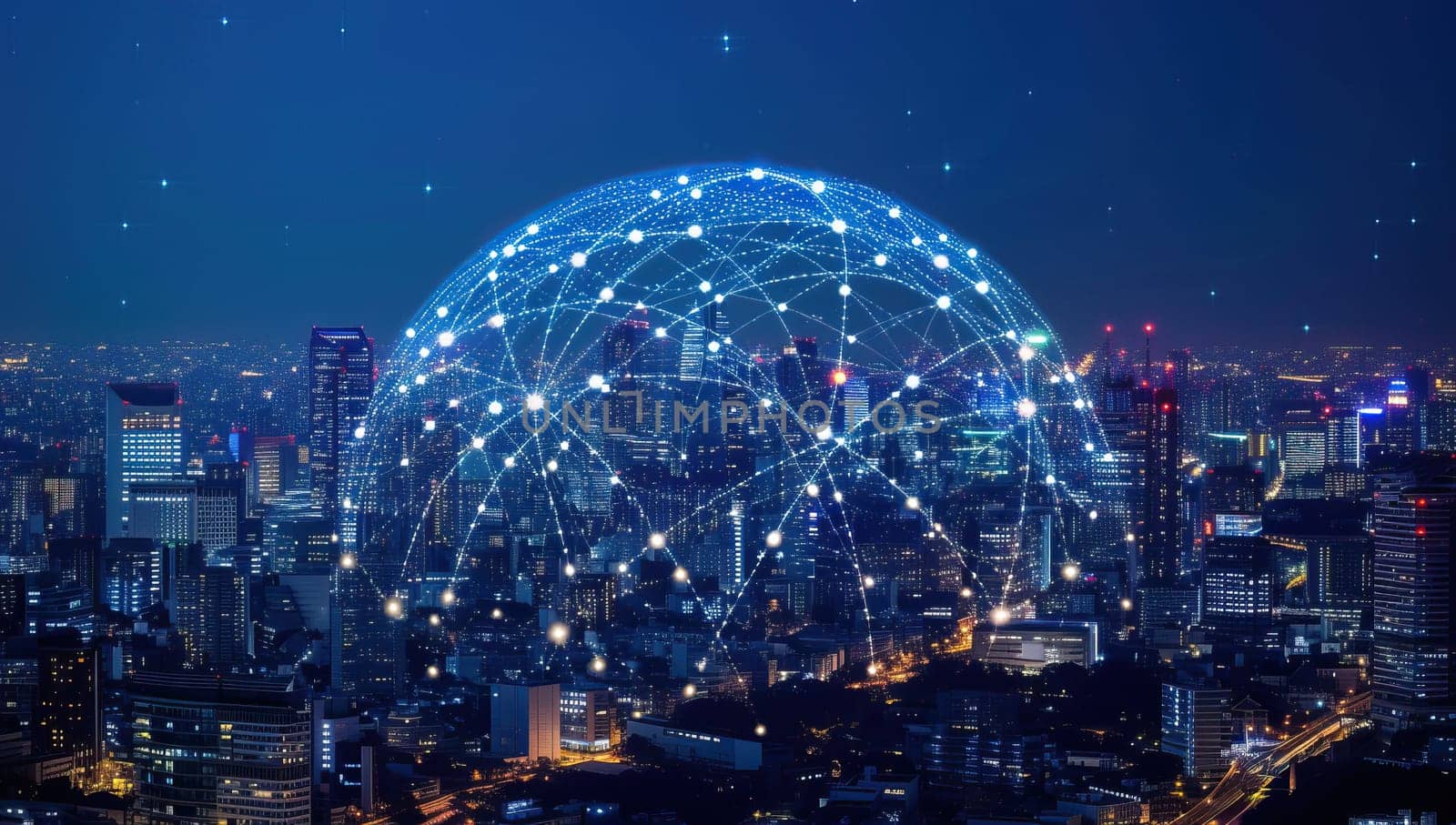 Global network connection illuminating a cityscape at night