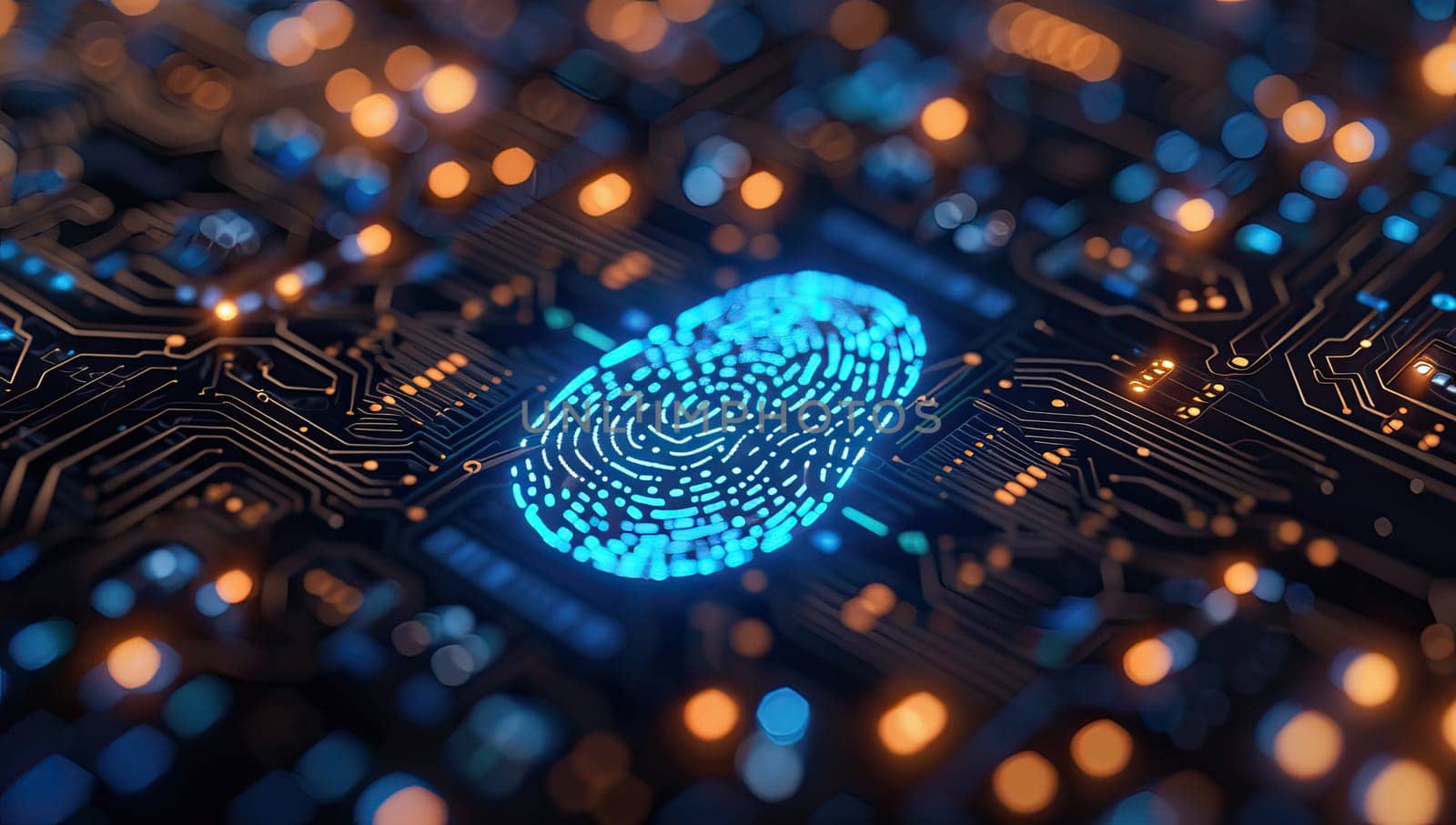Illuminated fingerprint scan on detailed circuit board