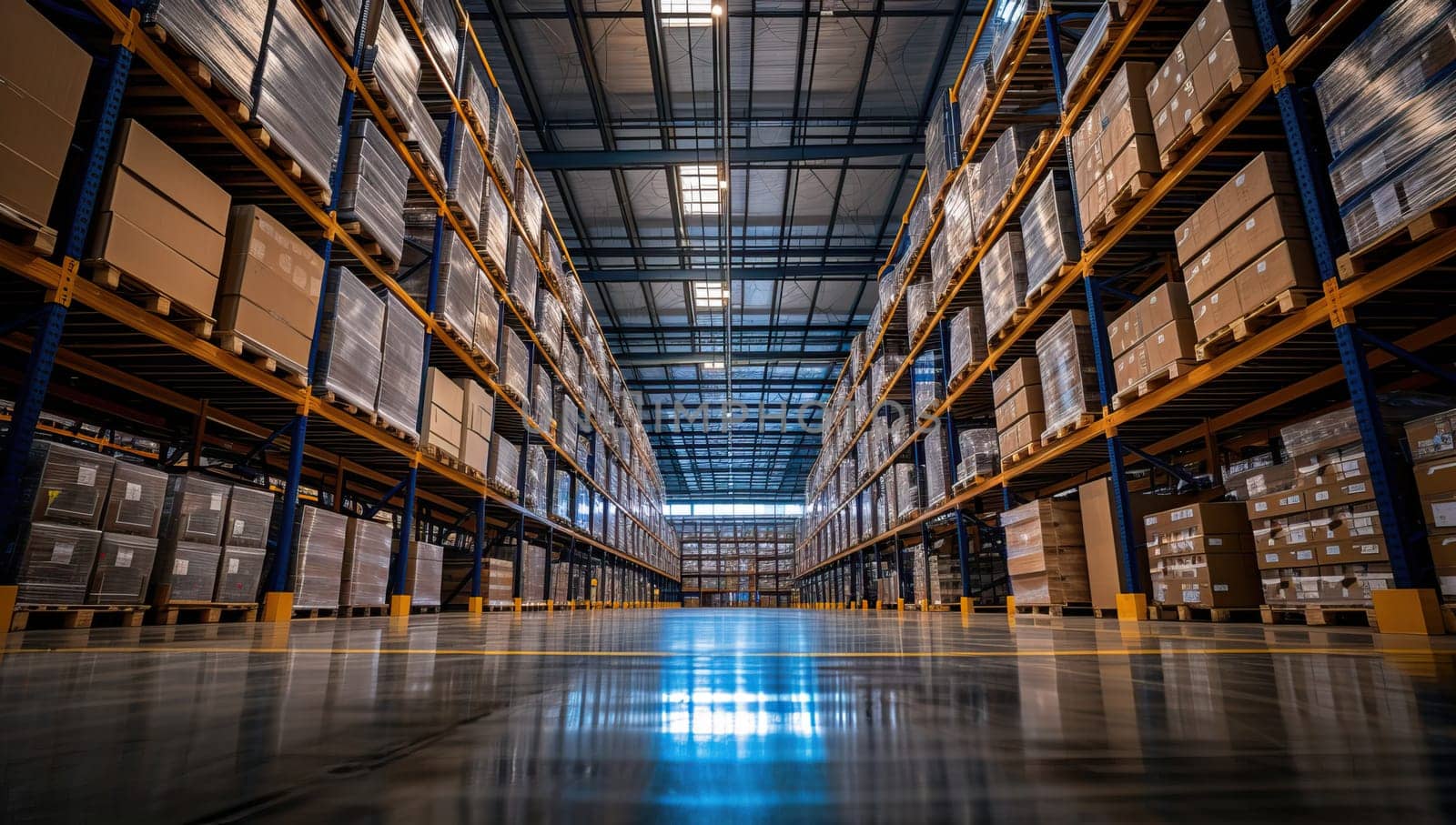 Warehouse interior with rows of shelves and racks in a large warehouse