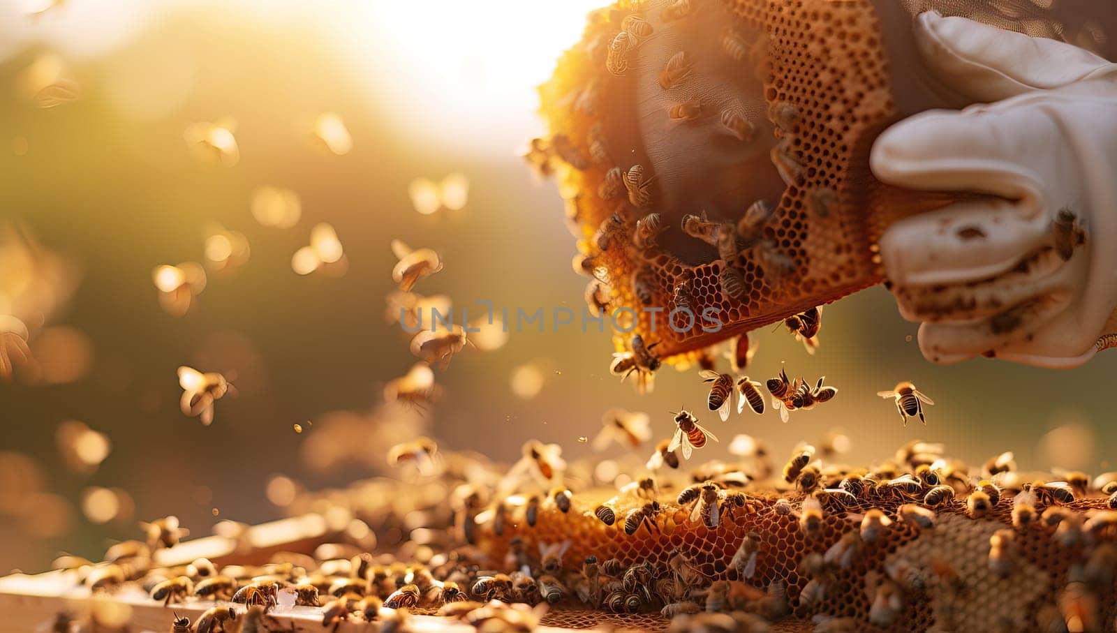 Beekeeper inspecting honeycomb filled with bees