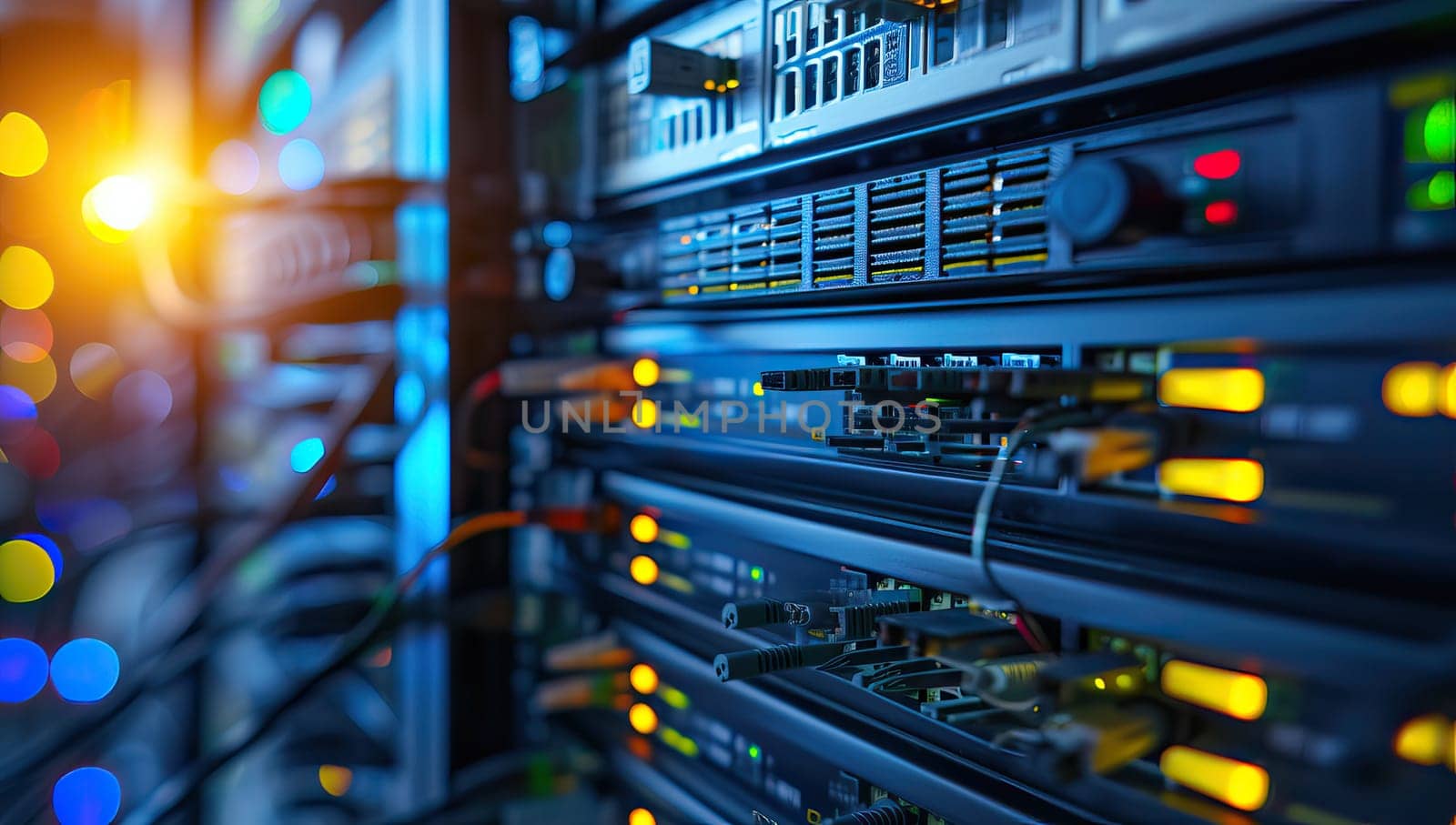 close up of network servers in a technology data center room with bright lights