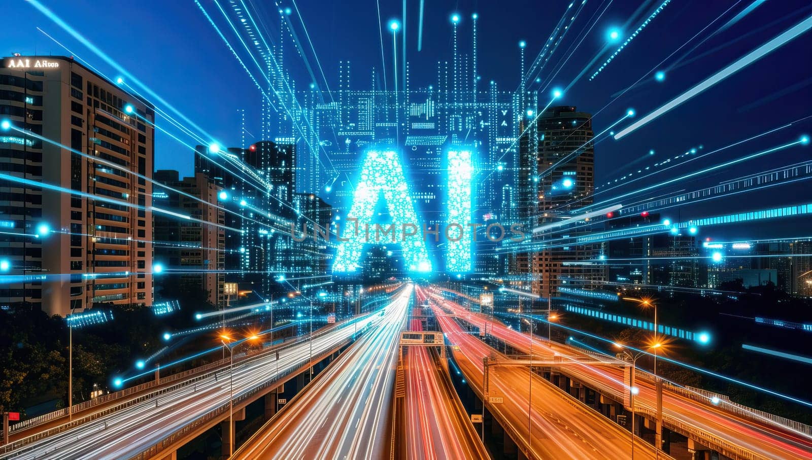 Artificial intelligence illuminating city highway at night
