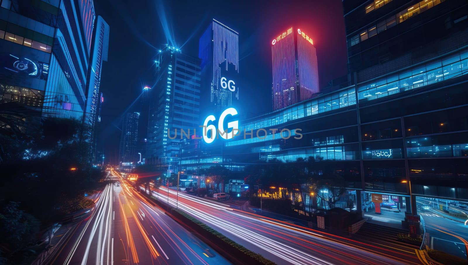 6G illuminated sign in city with light trails